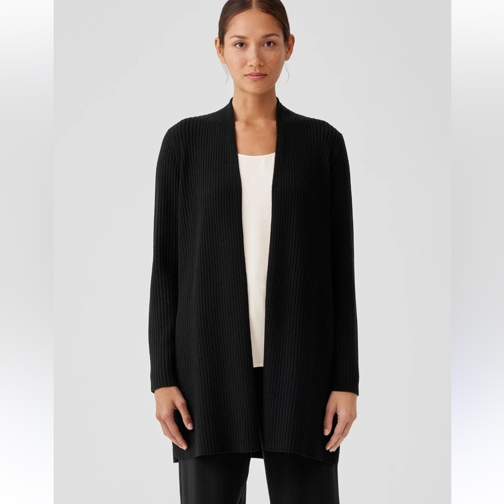 Eileen Fisher Woman Black Ribbed Stretch Tencel Open Front Cardigan Size 1X